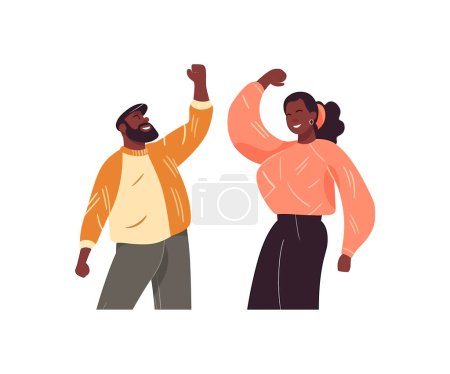 Téléchargez les illustrations : L'homme et la femme africains s'amusent les mains en l'air. Illustration vectorielle. - en licence libre de droit