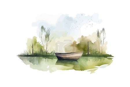 Ilustración de Acuarela rural Paisaje con barco. Diseño de ilustración vectorial. - Imagen libre de derechos