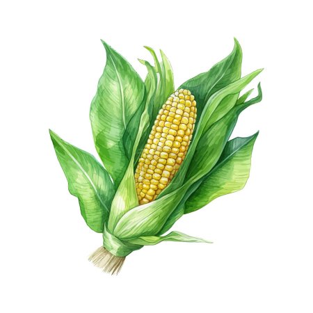 Ilustración de Mazorca de maíz con hoja. Pintura acuarela dibujada a mano. Diseño de ilustración vectorial. - Imagen libre de derechos