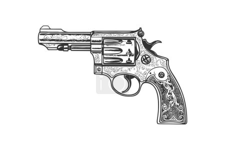 Téléchargez les illustrations : Esquisse de revolver vintage dessinée à la main dans un style doodle. Illustration vectorielle. - en licence libre de droit