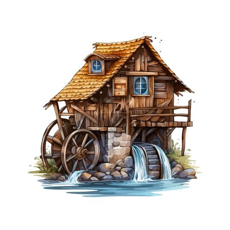 Ilustración de Un viejo molino de agua. Diseño de ilustración vectorial. - Imagen libre de derechos