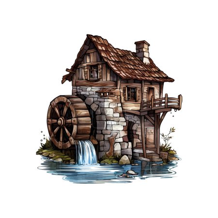 Ilustración de Un viejo molino de agua. Diseño de ilustración vectorial. - Imagen libre de derechos