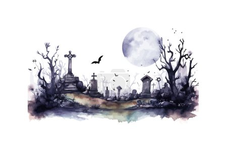 Téléchargez les illustrations : Aquarelle effrayant Halloween Cimetière clipart. Illustration vectorielle. - en licence libre de droit