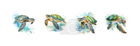 Téléchargez les illustrations : Ensemble de tortues de mer aquarelle. Illustration vectorielle. - en licence libre de droit