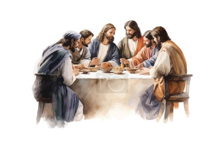Ilustración de Última cena de Jesús y sus apóstoles acuarela. Diseño de ilustración vectorial. - Imagen libre de derechos