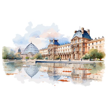 Ilustración de Museo del Louvre paisaje acuarela. Diseño de ilustración vectorial. - Imagen libre de derechos