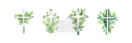 Téléchargez les illustrations : Ensemble croix et feuilles. Illustration vectorielle. - en licence libre de droit
