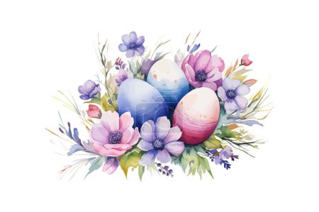 Téléchargez les illustrations : Oeufs de Pâques avec aquarelle fleurs. Illustration vectorielle. - en licence libre de droit