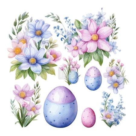 Téléchargez les illustrations : Oeufs de Pâques et fleurs aquarelle. Image vectorielle. - en licence libre de droit
