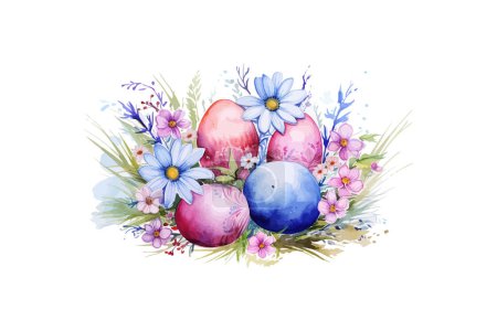Téléchargez les illustrations : Oeufs de Pâques et fleurs aquarelle. Image vectorielle. - en licence libre de droit