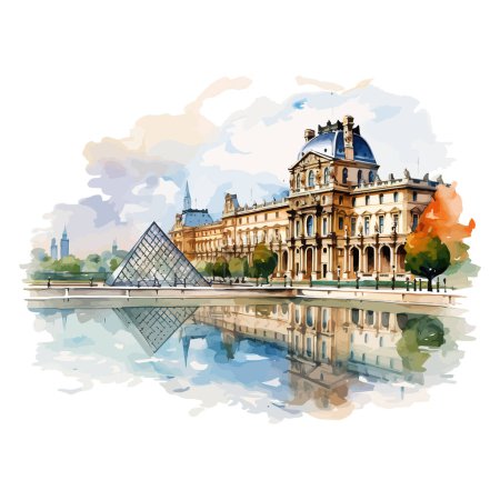 Ilustración de El museo del Louvre paisaje acuarela conjunto. Diseño de ilustración vectorial. - Imagen libre de derechos