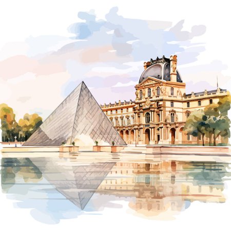 Ilustración de Museo del Louvre conjunto acuarela. Diseño de ilustración vectorial. - Imagen libre de derechos