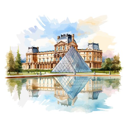 Ilustración de Museo del Louvre con conjunto de acuarela pirámide del Louvre. Diseño de ilustración vectorial. - Imagen libre de derechos