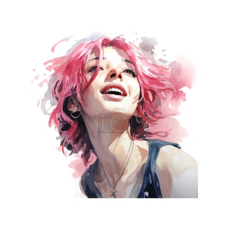 Mujer alegre con pelo rosa estilo acuarela. Diseño de ilustración vectorial.