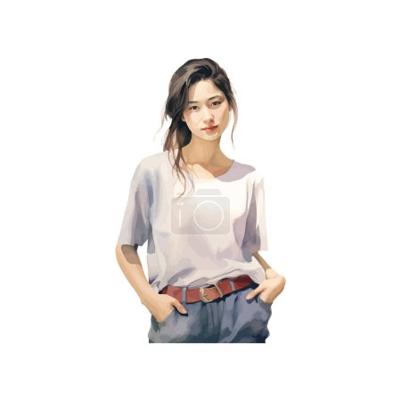 Téléchargez les illustrations : Casual Young Woman in T-Shirt Peinture numérique style aquarelle. Illustration vectorielle. - en licence libre de droit