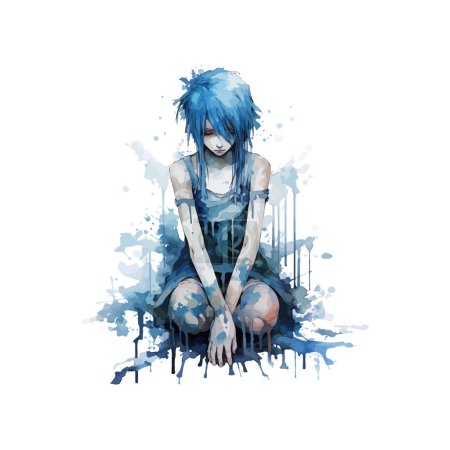 Blue-Haired anime Girl in Watercolor. Vector illustration design.