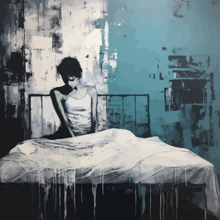Abstraktes Gemälde einer Frau auf einem Bett im Blues-Aquarell-Stil. Vektor-Illustrationsdesign.