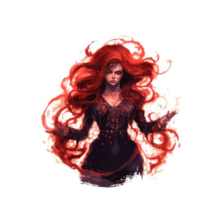 Illustration for Mystical Woman with Fiery Red Hair Watercolor Art. Vector illustration design. - Royalty Free Image