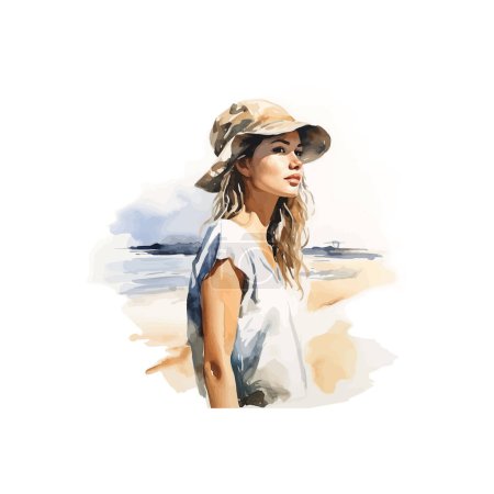 Frau mit Hut genießt Seaside Serenity Painting Aquarell Stil. Vektor-Illustrationsdesign.