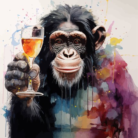 Schimpansen Toasting mit einem Glas Wein Artwork Aquarell Stil. Vektor-Illustrationsdesign.