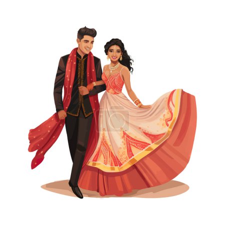 Elegant Indian Bride and Groom Dancing. Vector illustration design.