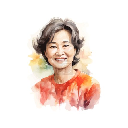 Elderly old asian Woman with Warm Smile Painting watercolor style. Vector illustration design.