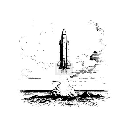 Téléchargez les illustrations : Croquis d'encre de lancement de navette spatiale monochrome Style dessiné à la main. Illustration vectorielle - en licence libre de droit