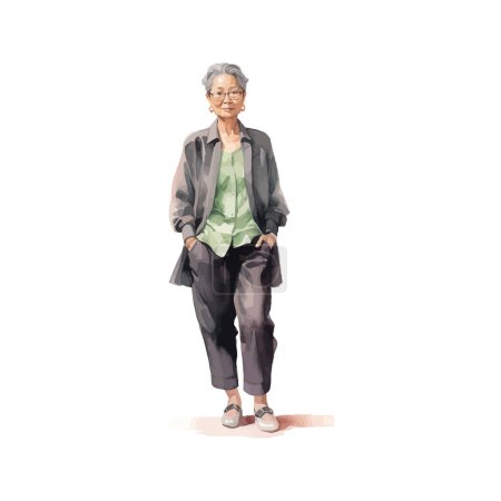 Watercolor Painting of Sophisticated Elderly Asian Woman. Vector illustration design.