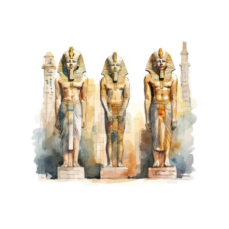 Statues de pharaon égyptien aquarelle avec colonnes. Illustration vectorielle.