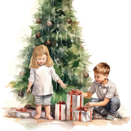 Niños Regalos de apertura por árbol de Navidad Acuarela estilo acuarela. Diseño de ilustración vectorial.