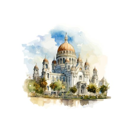 Victoria Memorial Kolkata en acuarela. Diseño de ilustración vectorial.
