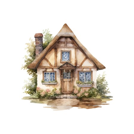Téléchargez les illustrations : Charme toit de chaume style aquarelle Cottage. Illustration vectorielle. - en licence libre de droit