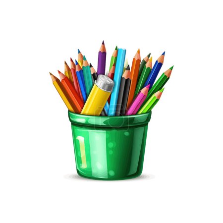 Bright Colored Pencils in Green Cup. Vector illustration design.