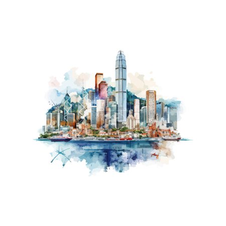 Hong Kong Skyline Acuarela Obras de Arte. Diseño de ilustración vectorial.