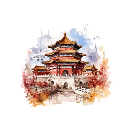 Aquarell Illustration eines chinesischen Tempels. Vektor-Illustrationsdesign.