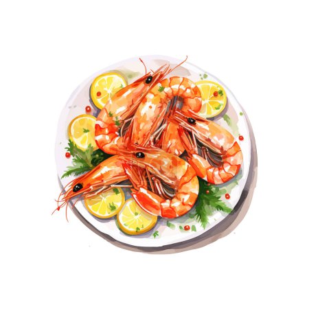 Illustration for Lively Watercolor Cooked Shrimp Platter with Lemon. Vector illustration design. - Royalty Free Image