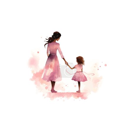Mother and Daughter Watercolor Back View. Vector illustration design.