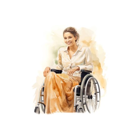 Femme souriante en fauteuil roulant style aquarelle. Illustration vectorielle.