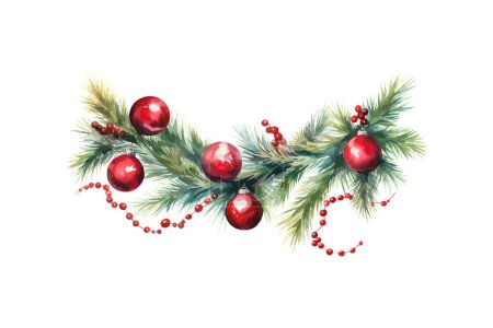 Téléchargez les illustrations : Guirlande de Noël aquarelle avec boules rouges. Illustration vectorielle. - en licence libre de droit