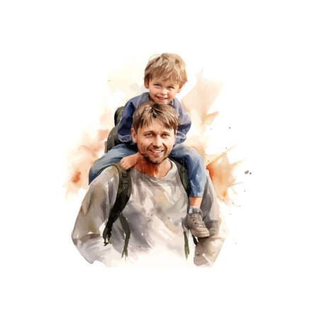 Happy Father Giving Son Piggyback Paseo al aire libre estilo acuarela. Diseño de ilustración vectorial.