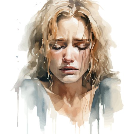 Téléchargez les illustrations : Portrait d'aquarelle émotionnelle d'une femme pensive. Illustration vectorielle. - en licence libre de droit