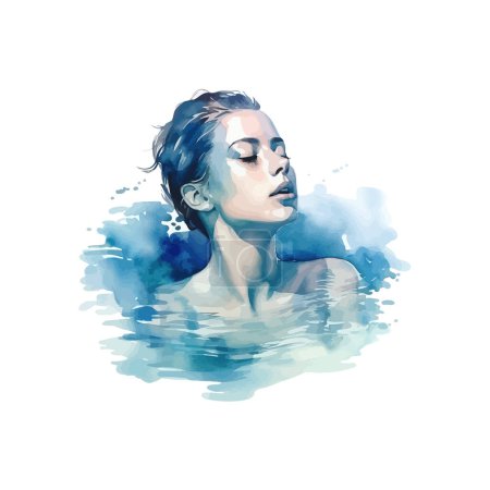 Serene Female Figure Submerged in Watercolor Blues. Vector illustration design.