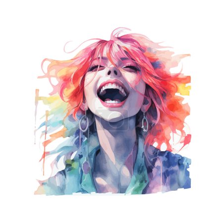 Téléchargez les illustrations : Femme riante avec des stries colorées style aquarelle. Illustration vectorielle. - en licence libre de droit