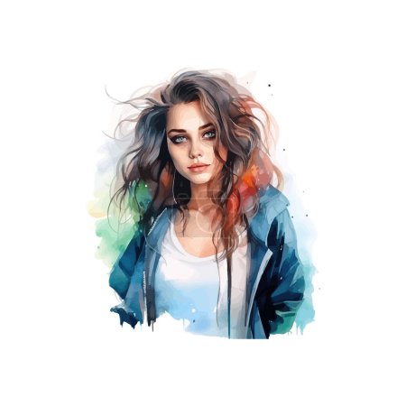 Illustration for Watercolor Fashion Illustration of a Woman with Windblown Hair. Vector illustration design. - Royalty Free Image