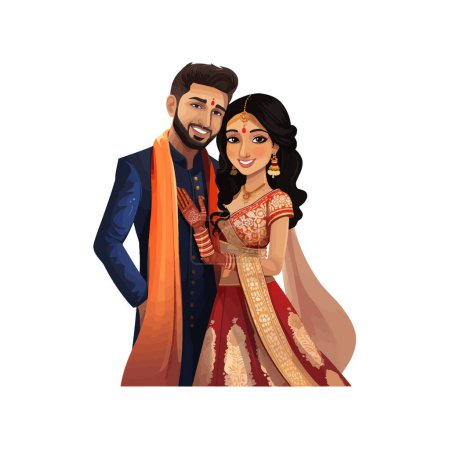 Indian Couple in Traditional Wedding Attire. Vector illustration design.