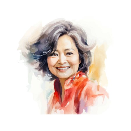 Joyful Senior asian Lady in Watercolor. Vector illustration design.