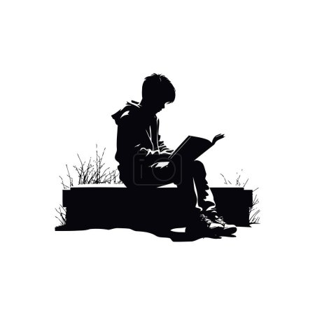 Silhouette d'un jeune lisant sur un banc. Illustration vectorielle.