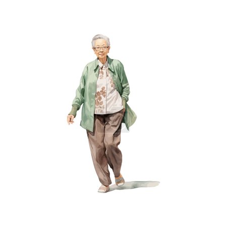 Aquarelle Illustration of Elderly Asian Woman Walking. Illustration vectorielle.