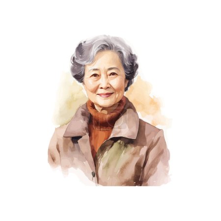 Portrait of a Smiling Elderly Asian Lady in Warm Tones Watercolor. Vector illustration design.
