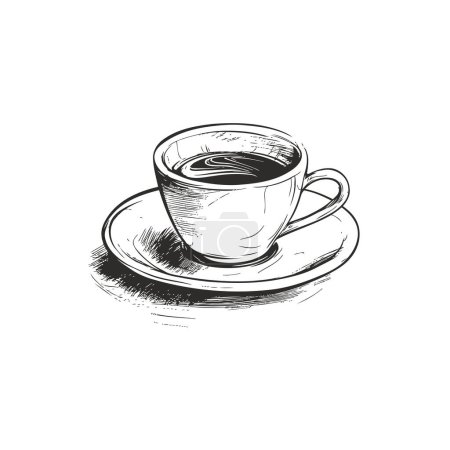 Clásico boceto de taza de café con platillo y cuchara. Estilo dibujado a mano. Diseño de ilustración vectorial
